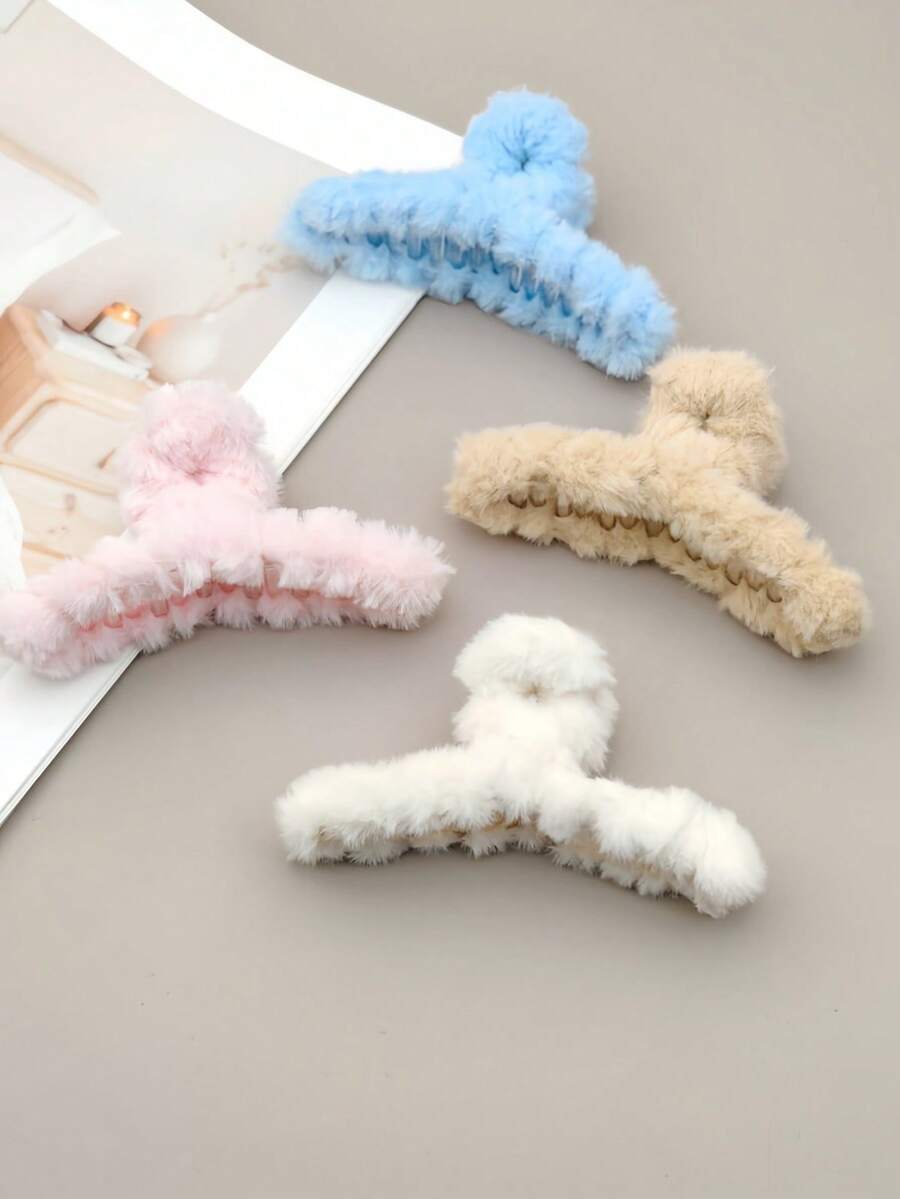 1/4pcs Fashionable Faux Fur Hair Claw Barrette, Large Size For Autumn/Winter Fashion Hair Accessories Casual Claw Clips Elegant Hair Clips Beauty Hair Clutch Women Hair Jaw Clip - Multicolor - View 1