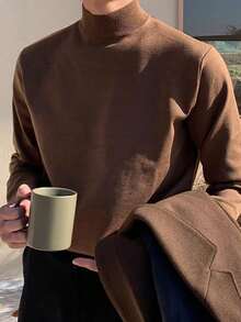 Plus Size Men's Solid Color Turtleneck Sweater, Versatile Business Casual, Autumn/Winter - Brown - View 1