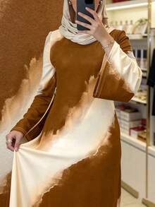 Plus Size Women's Colorblock Print Casual Elegant Abaya Dress Spring - Brown - View 2