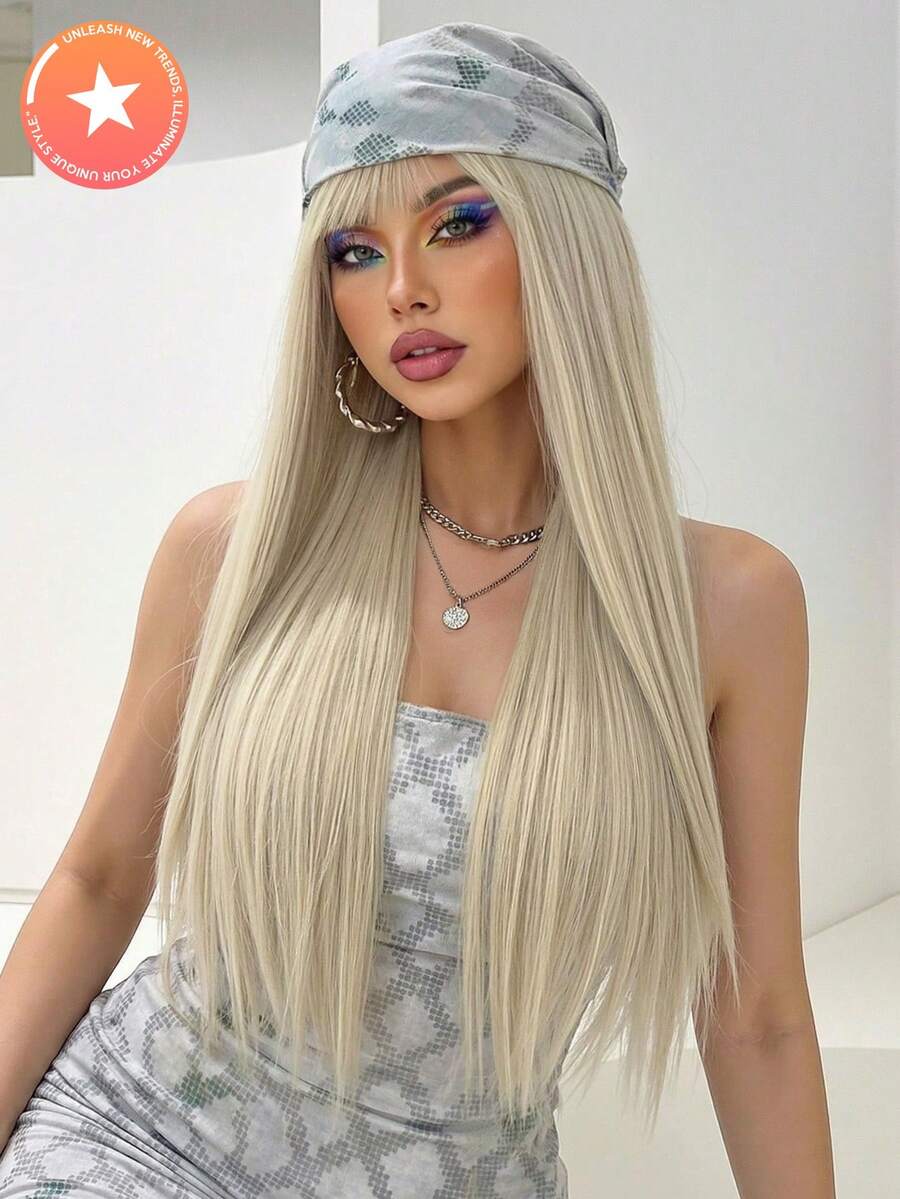 24英寸/60厘米酒红色长直发假发，带刘海，适合女性，耐热，自然逼真，可用于角色扮演、彩色合成假发、耐高温假发、直刘海假发、节日和日常时尚合成假发、编织假发，也适合万圣节和圣诞节佩戴。 - 金色 - 查看 1