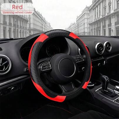 1pc Racing Style PU Leather Carbon Fiber Pattern Steering Wheel Cover, Easy Installation, Wear-Resistant, Anti-Slip, Breathable, Fits 14.5-15 Inch Steering Wheel, Car Interior Accessory