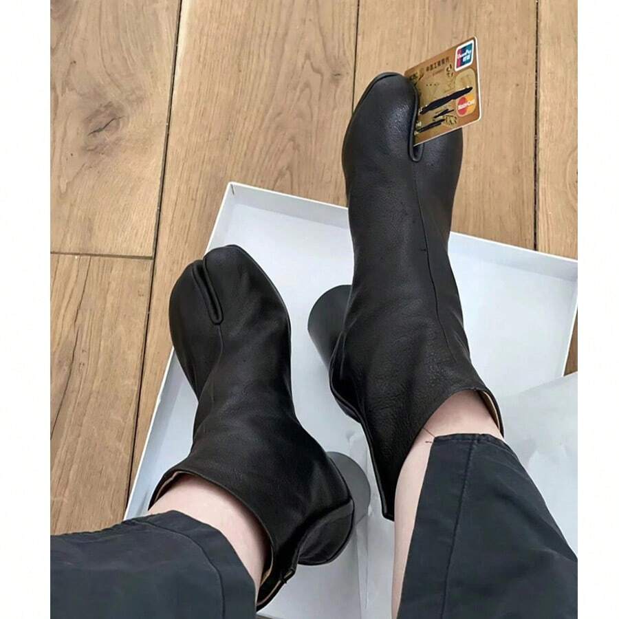 Cowhide Version~Genuine Leather Split Toe Pig Trotter Women's Shoes Look Slim And Thick With Thick Heels. Mid Heeled Boots For Women, Chelsea Women's Short Boots - Đen (một lớp) - Xem 1