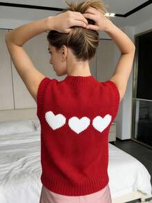 Women's Valentine's Day Sweater Vest Sleeveless Round Neck Heart Print Knit Tank Tops - Red - View 5