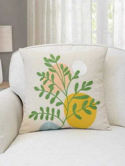 1件春夏植物叶子几何刺绣抱枕套，适合室内装饰，四季通用，不含枕芯