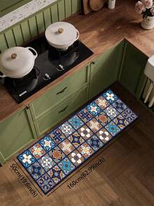 1件装硅胶厨房地垫，马赛克风格，饰有土耳其和摩洛哥瓷砖图案、几何形状和花卉纹理，采用蓝色、黄色、白色和红色配色。