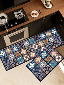 1件装硅胶厨房地垫，马赛克风格，饰有土耳其和摩洛哥瓷砖图案、几何形状和花卉纹理，采用蓝色、黄色、白色和红色配色。