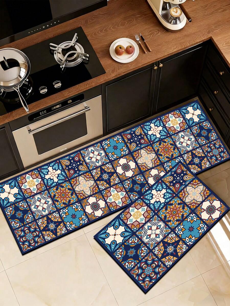 1件装硅胶厨房地垫，马赛克风格，饰有土耳其和摩洛哥瓷砖图案、几何形状和花卉纹理，采用蓝色、黄色、白色和红色配色。