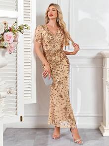 hezixi Elegant Sequin Sexy Short Sleeve Flare Sleeve Evening Dress, Women's Long Mermaid Formal Ball Gown Luxury Wedding Party Cocktail Dress - Champagne - View 4
