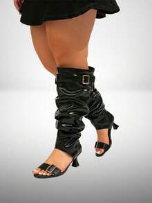 Women's Fashion Wide Shaft Faux Leather Tall Boots, Wrinkled Shaft, Chunky Heel, Black Sexy Knee-High Boots, Wide Width High Heel Boots - Black Pleats - View 1