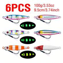 6个金属路亚饵，夜光抛投路亚饵，7-100克，3D眼睛，慢沉硬饵，带双辅助钩 - 彩色 - 查看 20