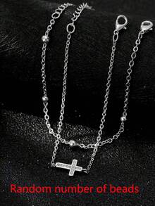 2pcs Cross Pendant Layered Bracelet Set, Classic Daily Wear Cross Beaded Double Layer Bracelet (Bead Quantity Random) - Silver - View 3