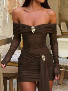 Meidaxexr 女士性感透视网纱荷叶边褶皱迷你连衣裙，金属装饰纯色优雅派对礼服，针织面料，适合海滩、度假、派对、生日、约会、单身派对、旅行、春夏等场合。 - 咖啡 - 查看 4