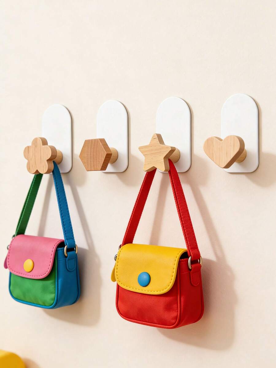 2pcs Easy-Install Wooden Hooks For Bathroom & Kitchen - No-Drill, Strong Adhesive Coat And Towel Hangers, Utility Hooks - Multicolor - View 1