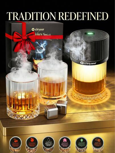 Electric Whiskey Smoker Kit With 2 Glasses & Reusable Ice Cubes, Rechargeable Cocktail Smoker With 6 Wood Chips, Old Fashioned Whiskey Accessories, Bourbon Gifts For Men, Dad, Husband, Birthday, Christmas, Anniversary