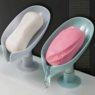 半个叶形皂碟，带排水口，底部带吸盘，塑料自粘式皂托，厨房浴室皂盒，浴室收纳整理用品，浴室小工具，多功能皂架，置物架，浴室配件（灰色、绿色），家居浴室装饰，夏季返校季