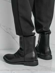 男士时尚休闲切尔西靴，西部风格侧拉链设计，舒适百搭，适合户外、商务、休闲场合穿着 - 黑色 - 查看 3