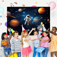 1 pieza Telón de fondo decorativo con tema de cohete y astronauta del espacio exterior, (210 x 150/180 x 135/150 x 100/100 x 70 cm) Decoración de fiesta de cumpleaños con planeta, galaxia y universo para mesa de pastel, fotografía y photobooth, suministros para fiestas - Multicolor - Ver 12