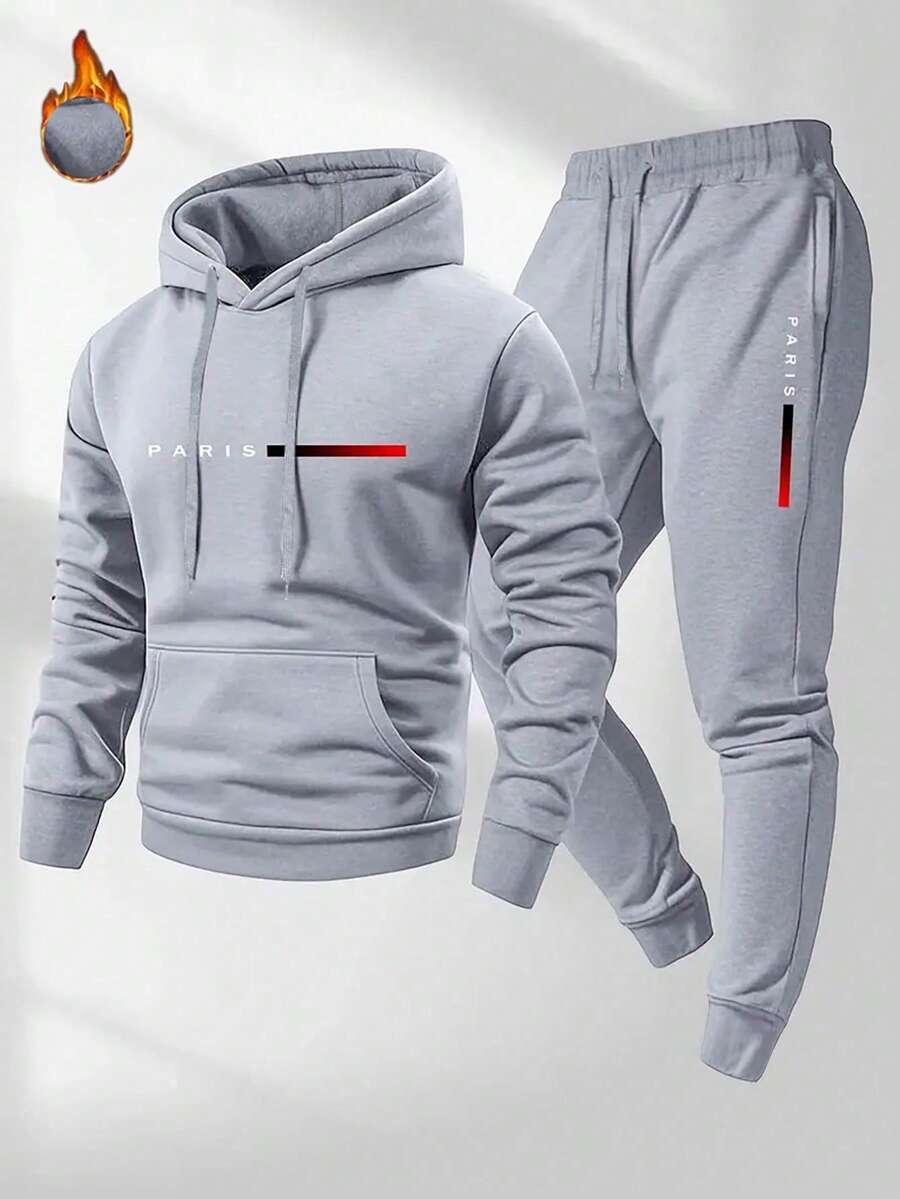 男士休闲卡通巴黎字母抽绳口袋连帽衫和抽绳运动裤套装（2件套）。适合作为万圣节、感恩节、圣诞节和新年礼物。 - 灰色 - 查看 1