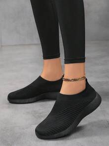 Women's Breathable Knitted Casual Flat Loafers, Easy Slip-On And Comfortable, Black - Black - View 3