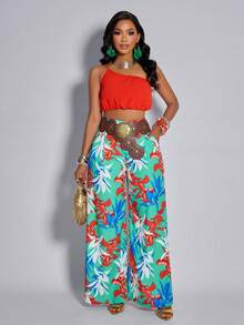 女士性感优雅红色露肩短款上衣搭配绿色热带印花高腰阔腿裤两件套度假沙滩派对服装 - 橘紅色 - 查看 3