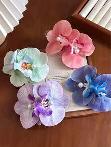 4件套 4.33英寸/11厘米 仿真花 仿真珍珠 兰花发夹，双花大号鳄鱼夹发饰，紫色、蓝色、绿色、粉色可选，适合度假、发型设计、马尾辫、发髻等场合，百搭、优雅、简约，纯色发爪，适合日常佩戴、休闲、通勤、发夹、发卡、头饰、弹簧发夹 - 彩色 - 查看 3