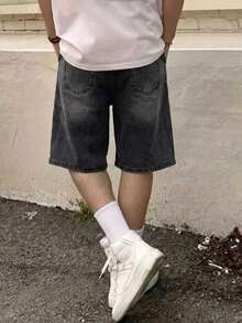 Tween Boy Fashionable Distressed Denim Shorts, Suitable For Summer Outings - Dark Grey - View 2