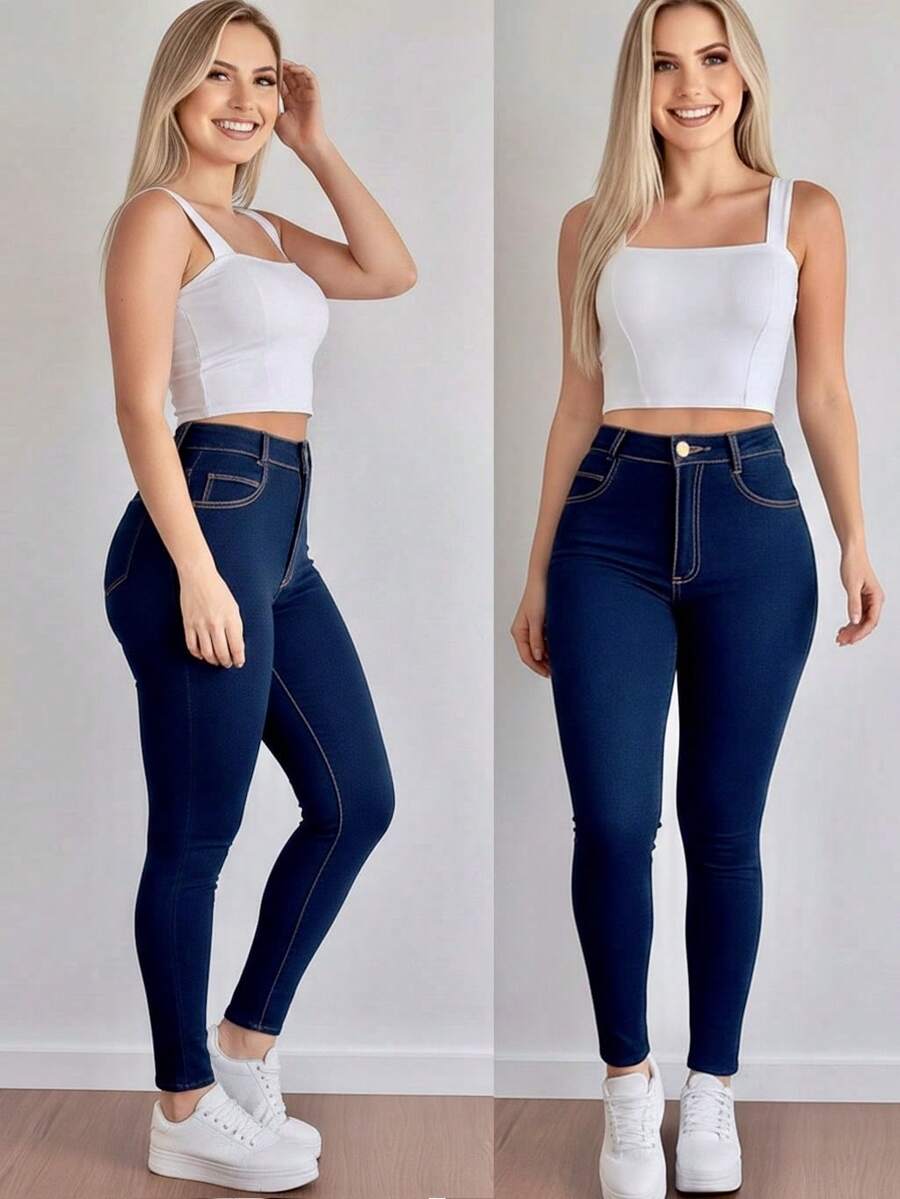 Premium Softened Skinny Jeans With High Waist, Shapewear, Butt Lift And Lycra - 水鴨藍 - 查看 1