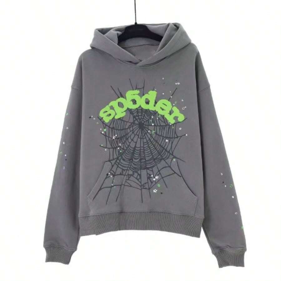 Men'S Hip Hop Oversized Spider Web Pattern Graphic Alphabet Print Harajuku Vintage Hoodie Long Sleeve Street Wear Top For Both Men And Women Big Size Hoodies - 灰色衛衣 - 查看 1