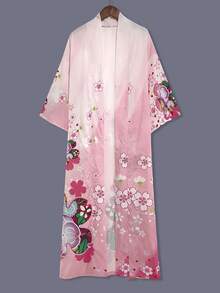 日式印花中长款和服开衫薄外套，欧美优雅风，春夏街头休闲罩衫，海滩度假旅行羽织，薄款斗篷外套，浴衣罩袍 - 粉色 - 查看 4