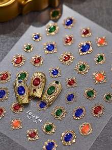 1片复古闪光彩色宝石镶嵌金边3D美甲贴纸，5D高品质粘性美甲装饰指甲用品 - 彩色 - 查看 2