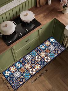 1件装硅胶厨房地垫，马赛克风格，饰有土耳其和摩洛哥瓷砖图案、几何形状和花卉纹理，采用蓝色、黄色、白色和红色配色。