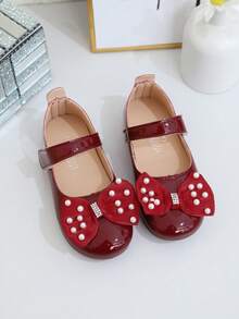 1 Pasang Sepatu Putri Anak Perempuan, Hiasan Pita & Mutiara, Sol Lembut Ringan untuk Pertunjukan Tari, Sepatu Anak, Musim Semi/Panas 2025 - Merah - View 3