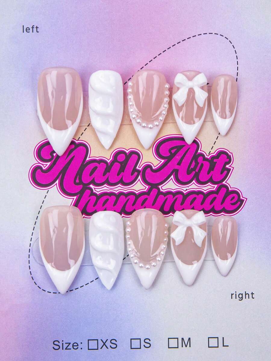 10片/套 手工杏仁形Y2K坏女孩风格美甲贴片，白色和银色不对称液态金属，猫眼渐变设计，适合派对、婚礼、日常佩戴，包含工具包，是送给女性和女孩的绝佳美甲礼物 - 白色 - 查看 1