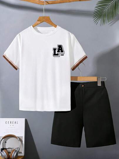 Tween Boy Cartoon Print Short Sleeve T-Shirt And Shorts Summer Set