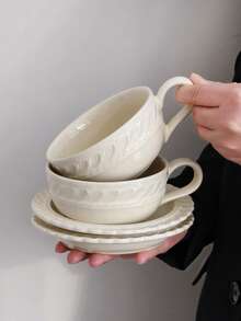 1 pieza Juego de taza y platillo de café con encaje floral de color crema vintage, taza de cerámica elegante, taza de desayuno para pareja creativa, taza para leche, taza para arte de café con leche, plato para postre, adecuado para restaurante, sala de estar, cafetería, tienda de postres - Multicolor - Ver 1