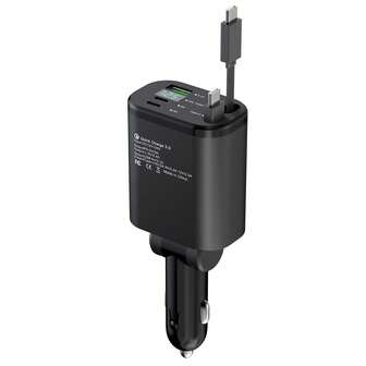 JcBlaon 66W Retractable Car Charger, Compatible With IPhone, Dual USB-C Ports, 5-In-1 Fast Charging, Compatible With IPhone 16/15/14/13/12/11 And IPad