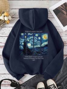 LOVE JOYY Women's Van Gogh Starry Night Print Loose Hoodie Sweatshirt, Casual Wear For Autumn/Winter, Long Sleeve Navy Blue Top - Blue - View 2