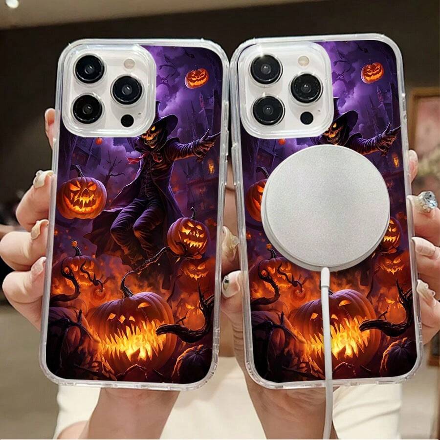 Un espantoso hombre con calabazas encendidas en la noche.Funda de teléfono magnética Elemento de diseño de funda para teléfono, una funda elegante y delicada hecha de material TPU, con diseño, - Succión magnética transparente - Ver 1