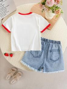 2pcs/Set Tween GirlsCasual Strawberry Letter Print Loose Fitting Breathable Top And Fashionable Comfortable Strawberry Print Distressed Denim Shorts Set, Suitable For Daily Wear, Outing, Gathering