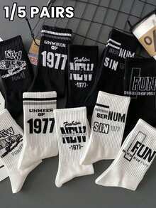 1/5 Pairs Personalized Men's Mid-Calf Socks, Street Fashion Numeric & Letter Design, Hip-Hop Sports Style, Suitable For Daily Office, Casual, Sports, Festivals, All Seasons