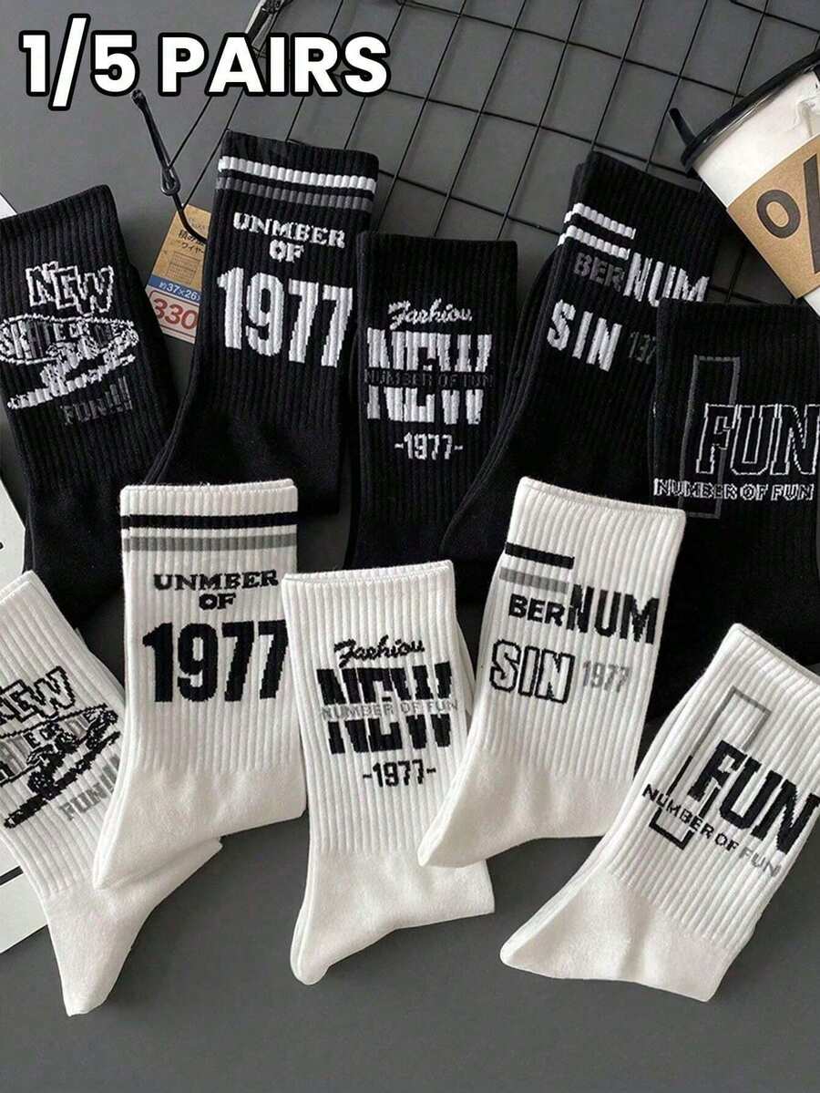 1/5 Pairs Personalized Men's Mid-Calf Socks, Street Fashion Numeric & Letter Design, Hip-Hop Sports Style, Suitable For Daily Office, Casual, Sports, Festivals, All Seasons