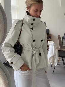 Vusalt 女士复古宽松短款高领休闲通勤风衣，适合女士外套、春季服装、通勤办公装、日常穿着、街头时尚。 - 米色 - 查看 8