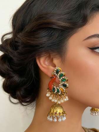 Vintage Style Rhinestone Peacock Earrings,Faux Pearls Jhumka Earrings Suitable For Women's Daily Wear, Eid Al-Fitr Accessories