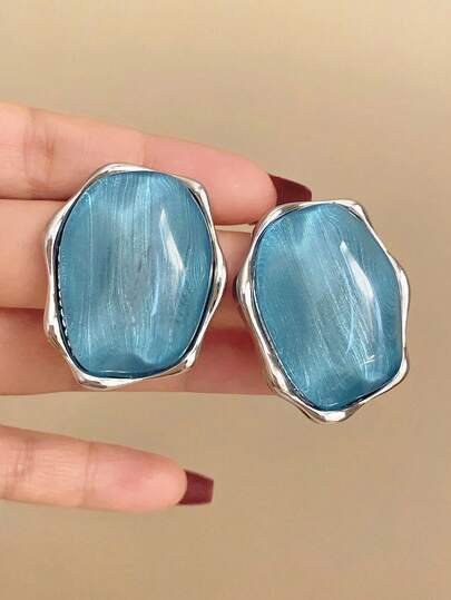 1 Pair Blue Asymmetrical Metallic Transparent Stud Earrings, Fashionable For Women, Suitable For Daily Wear, Dates, Parties