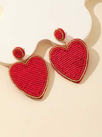 1 Pair Valentine's Day Red Heart Beaded Handmade Fashion Love Gift Earrings For Women