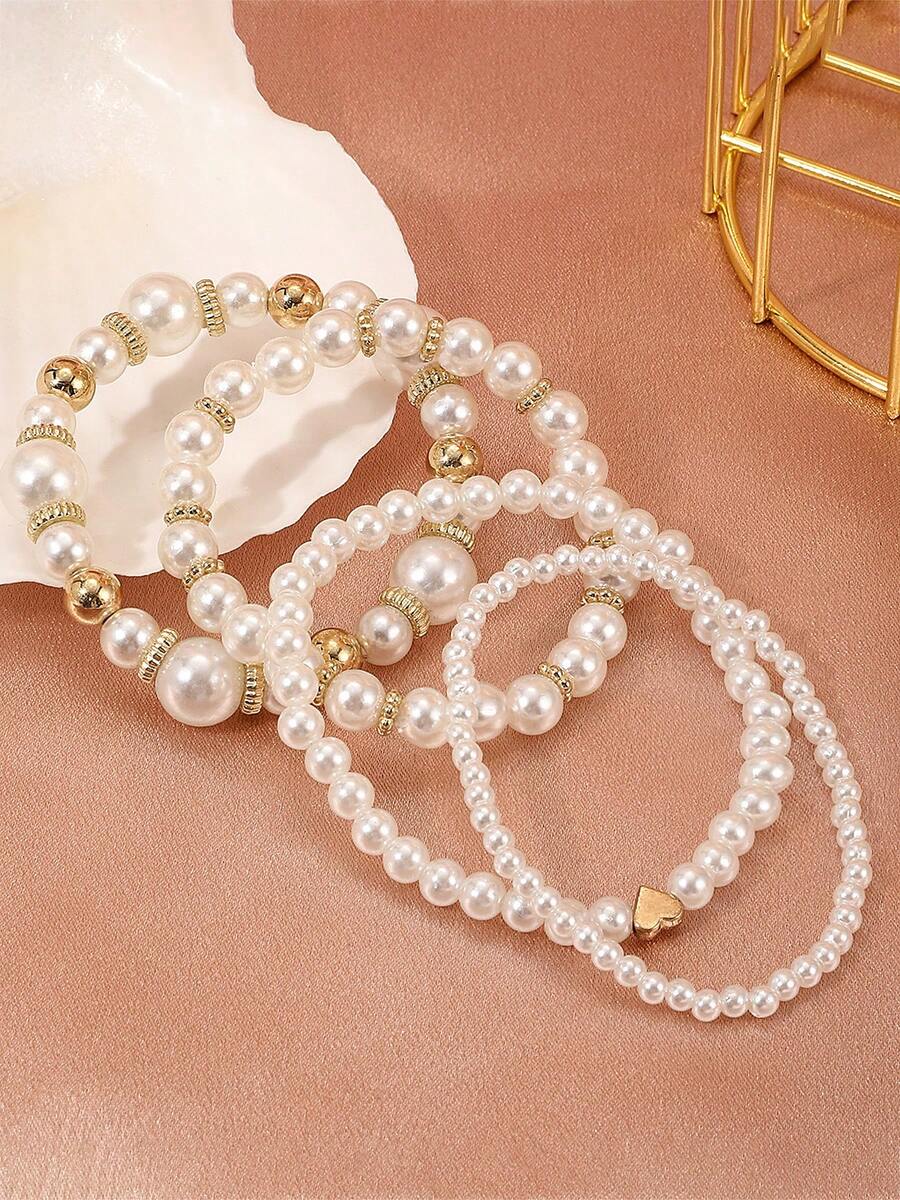 4pcs/Set Elegant Faux Pearl Bracelet Set With Heart Pendant, Perfect For Weddings, Parties, Mother's Day Gifts, Handmade Luxury Jewelry For Daily Wear, Gift Giving, Elegant & Luxurious Style - Gold Four-piece Faux Pearl Bracelet Set #SZ1362 - View 1