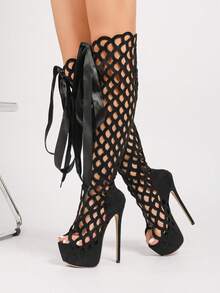 35-42 Italian Women's High Heel Fashion Nightclub Sandals, Classic Lace-Up Stiletto High Heel Boots 16cm, Sexy Thin Super High Heel Fashion Shoes, High Heel Sandals, Party Boots, Fashion Boots, Banquet Boots - Black - View 12