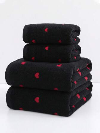 红色爱心刺绣情侣毛巾套装，小毛巾，情人节礼物，柔软吸水不掉毛，面巾浴巾两用，个性化成人毛巾套装，适合居家、泳池和日常使用