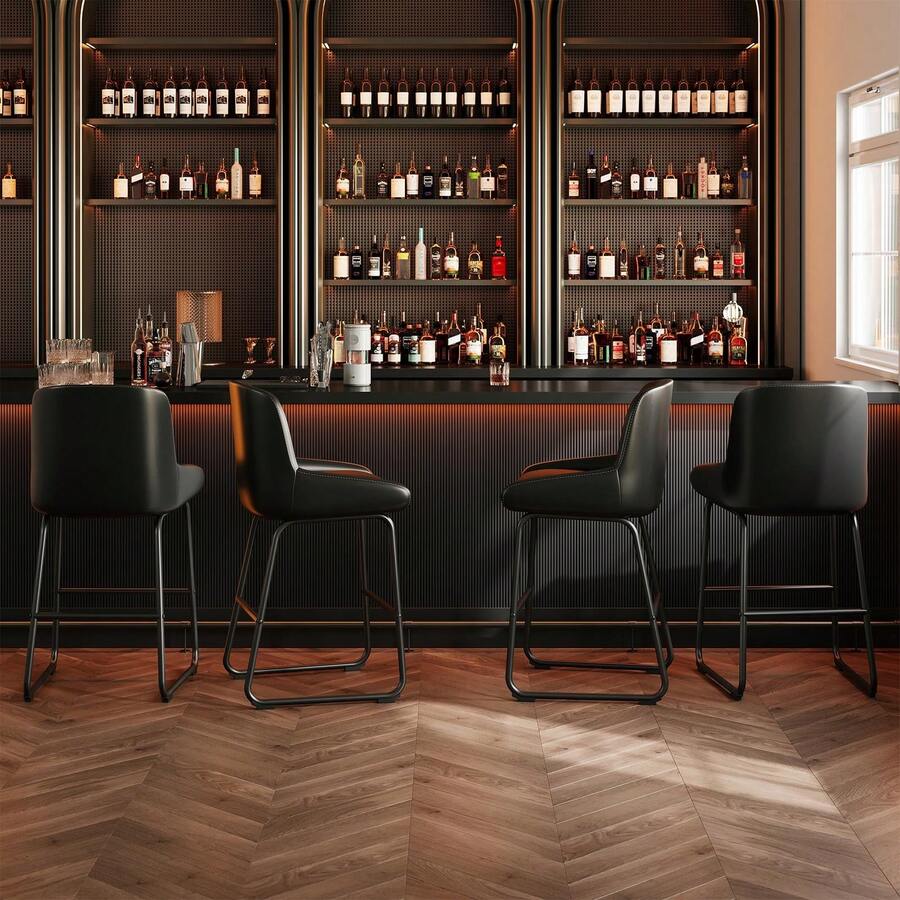 Techigher PU Leather Bar Stools Set, Industrial Pub Barstools With Back And Footrest, Modern Bar Height Stool Chairs For Dining Room Kitchen Island - Black 4pcs - View 1