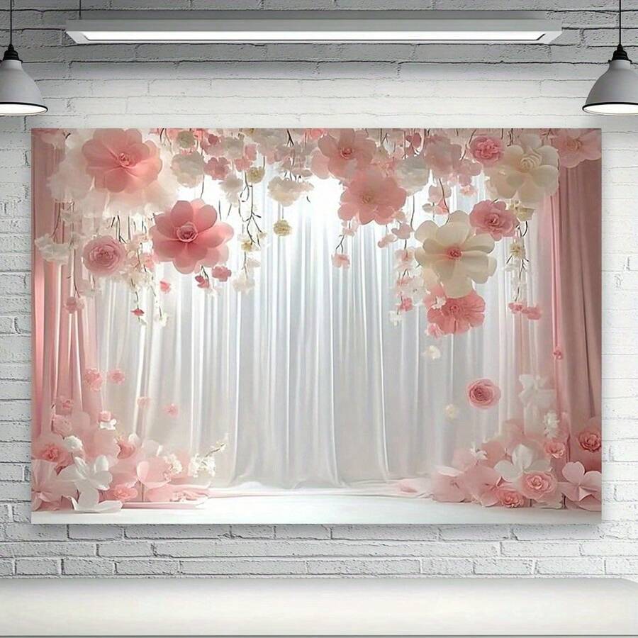 2D Flat Banner 1pc Elegant Pink And White Rose Arch Design, Stunning Photography Backdrop, Suitable For Decoration Of Weddings, Birthdays, Anniversaries, All-Season Homes, Gardens And Event Spaces, Made Of Polyester